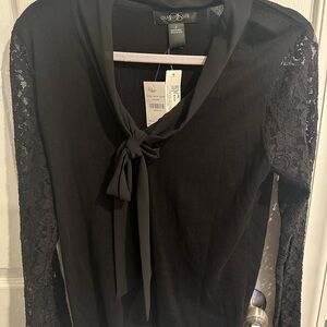 NWT August Silk Black Top with Lace Details